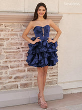Elegant Navy Blue Bow Tie Strapless Satin A-line Short Mini Dress Homecoming Dress
